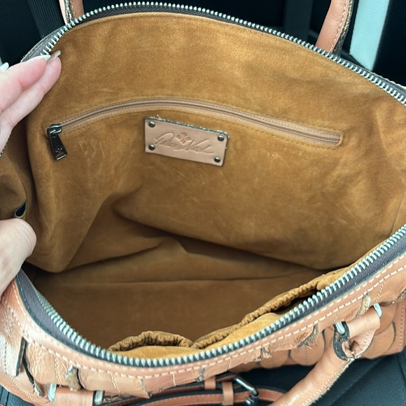 Patricia Nash Purse Cognac Pluma Satchel Feather Leaves Double Handles Crossbody - Picture 2 of 7